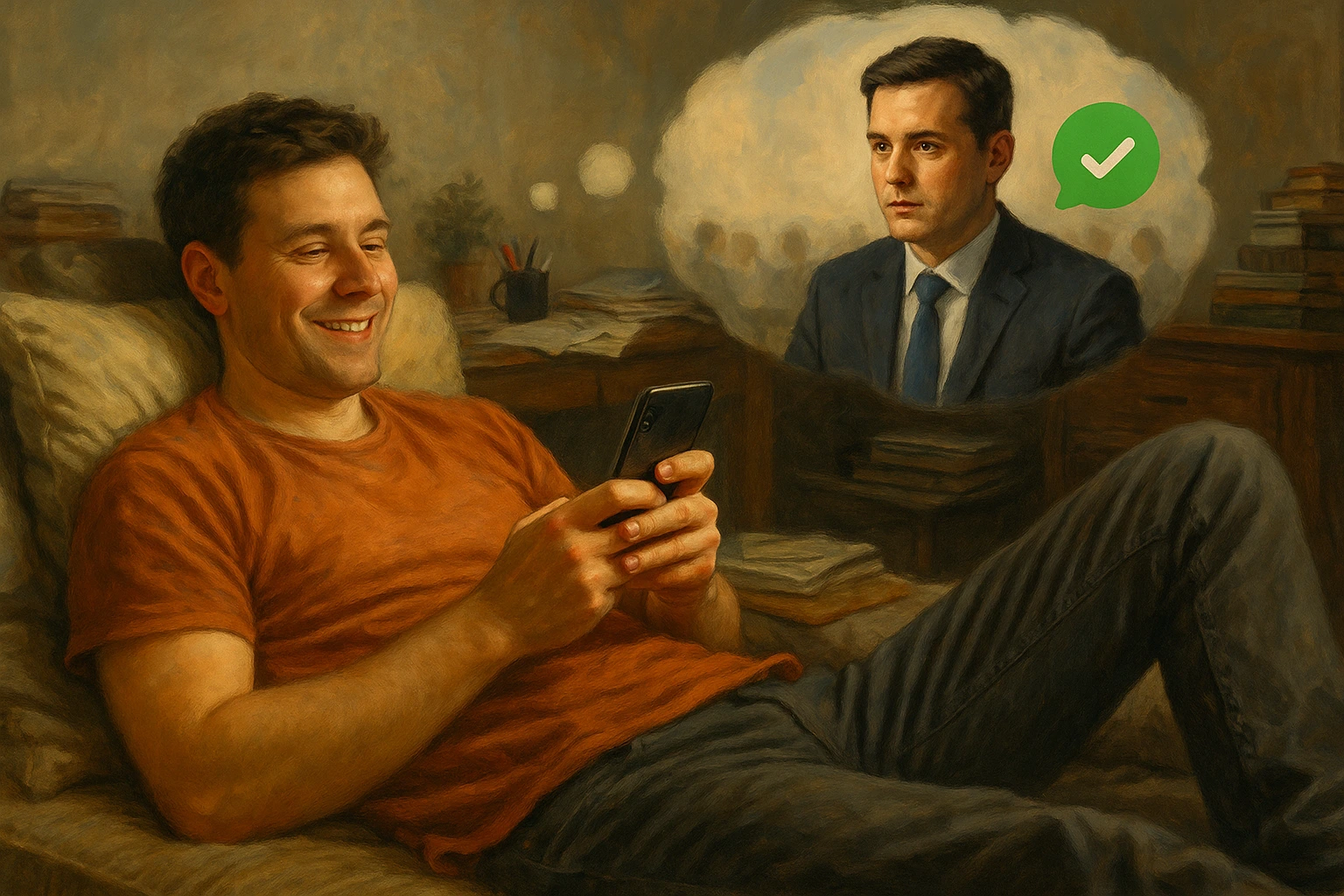 Man relaxing at home while imagining a formal business tone