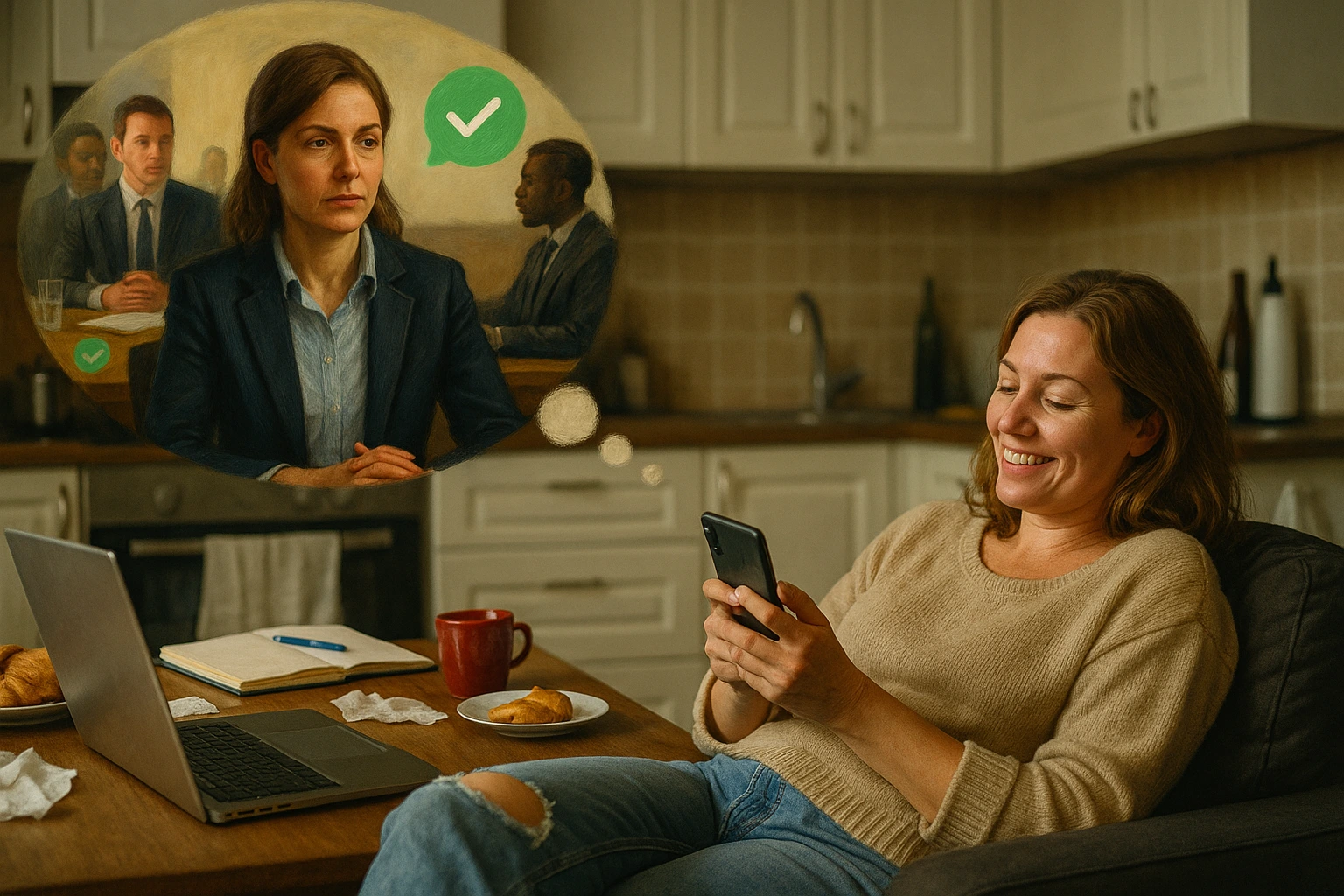 Woman using her phone in kitchen imagining a business meeting tone